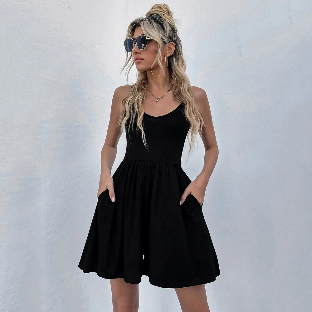 ZARA Loose Fit High Waist Cinched Backless Knit Romper Pockets Spaghetti Straps